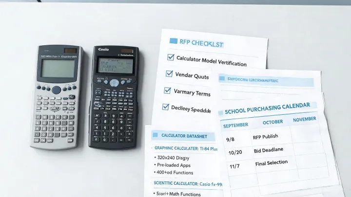 Calculator procurement documents on a desk