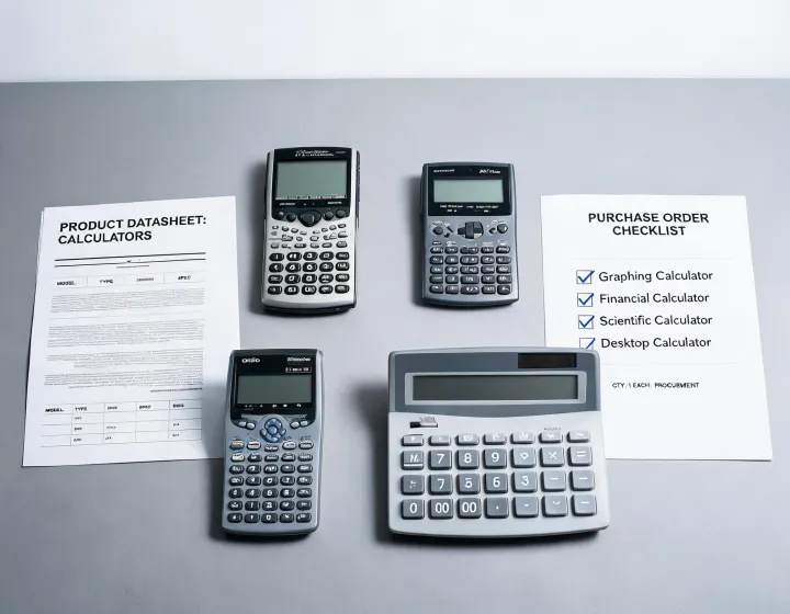 Graphing and scientific calculators on a procurement desk