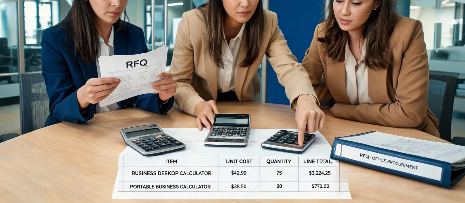 Calculator sourcing team reviewing an RFQ